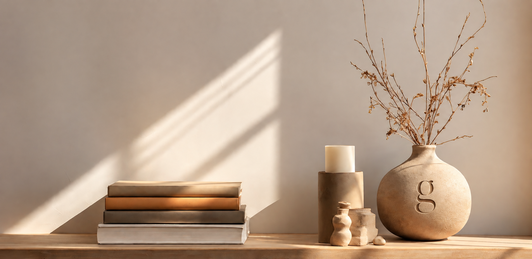 Neutral homeware arrangement with ceramics and books