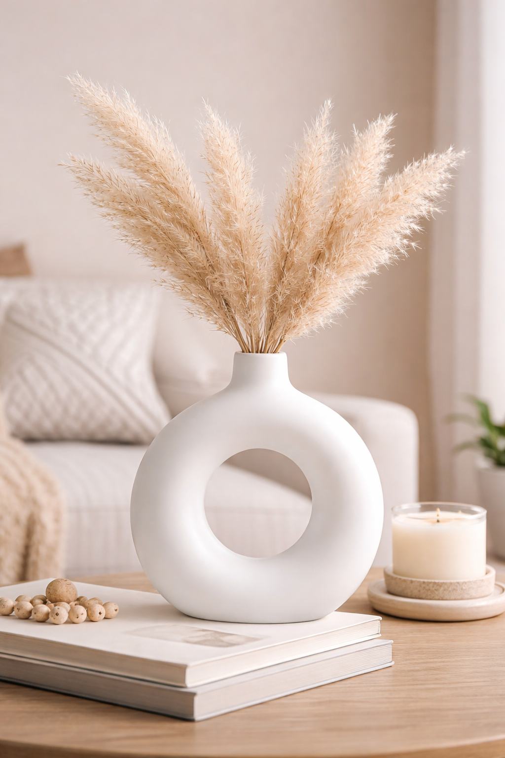 White sculptural vase with pampas grass